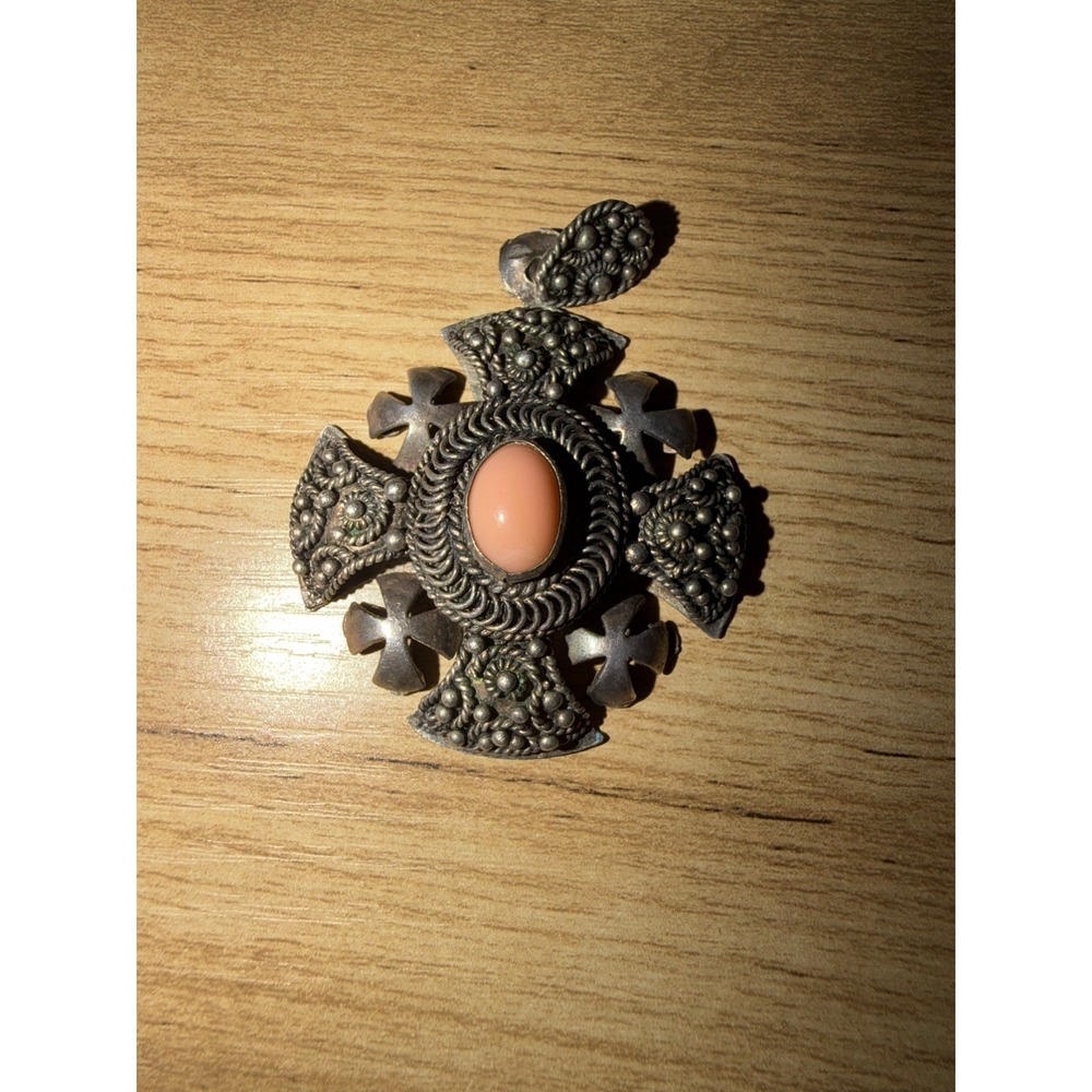 HEAVY Vintage Sterling Silver Jerusalem Maltese Cross Brooch Pendant 32-GRAMS